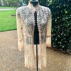 Passion Concept Lace Duster Cardigan – High Collar, Embroidered Sheer-Size M